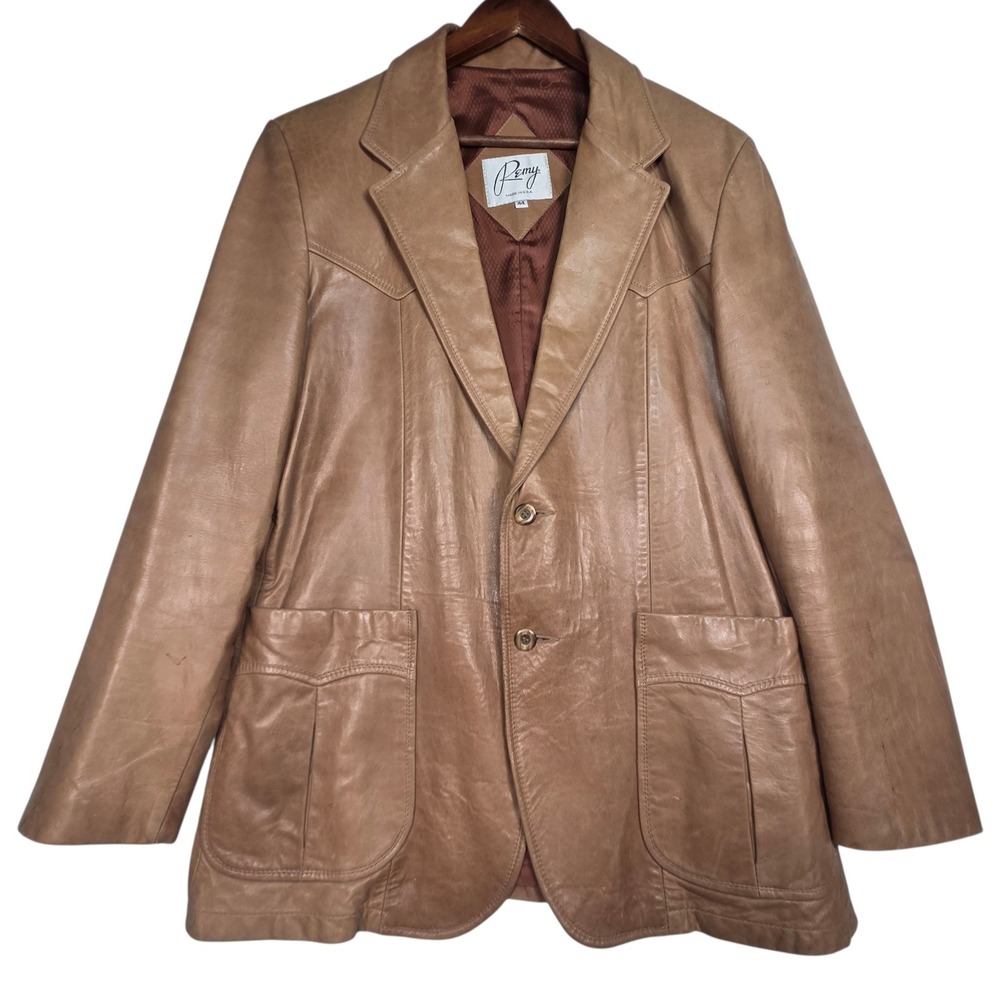Vtg 70's Remy Leather Sport Coat Soft Mens 44 Tan Western‎ Blazer Made in USA